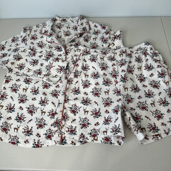 Sundance Flannel Gretel Pajama Set Small Floral White Reindeer Shorts - Picture 1 of 16